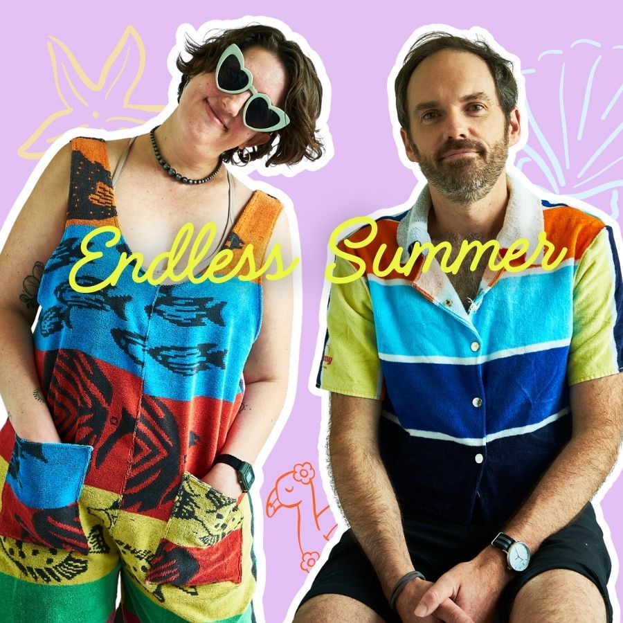 Two people in colorful outfits upcycled from beach towels with 'Endless Summer' text on a pink background